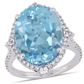 Allura Sky-Blue Topaz White Sapphire and 0.34 CT. T.W. Diamond Halo Cocktail Ring in 14K White Gold