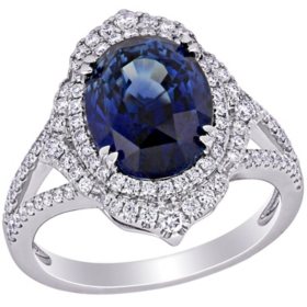 Natural Untreated Blue Sapphire and 0.55 CT. Diamond Halo Ring in 14K White Gold
