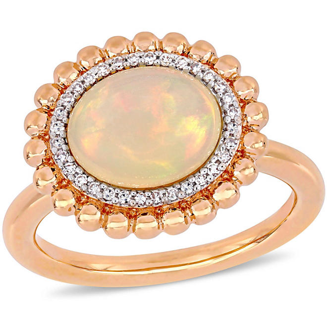 Ethiopian Blue Opal and Diamond Accent Double Halo Cocktail Ring in 14K Rose Gold