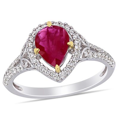 Allura Ruby and 0.28 CT. T.W. Diamond Teardrop Halo Engagement Ring in ...