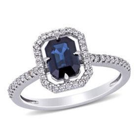 Allura Blue Sapphire and 0.22 CT. T W. Diamond Octagon Engagement Ring in 14K White Gold