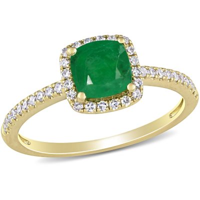 Emerald and 0.17 CT. T.W. Diamond Halo Engagement Ring in 14K Yellow ...