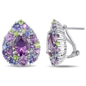 Amethyst, Rose de France, Tanzanite and Peridot Cluster Teardrop Earrings in Sterling Silver