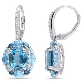 Blue and White Topaz Leverback Earrings in Sterling Silver