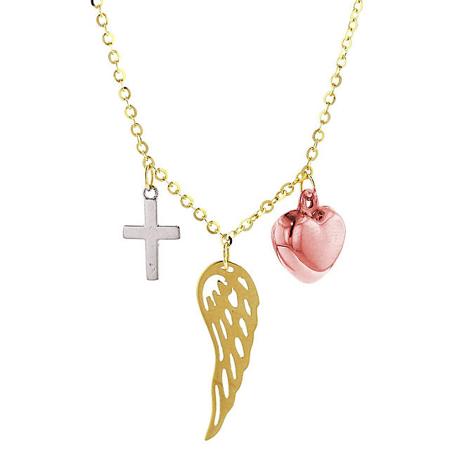 14K Tri Color Cross Wing and Heart Necklace, 16"-18"