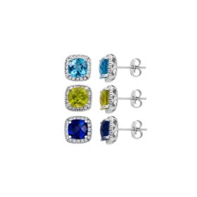 Cushion Cut Gemstone and 0.15 CT. T.W. Halo Diamond Stud Earrings in 14K Gold