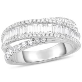 1.18 CT. T.W. Round and Baguette Cross-over Diamond Band in 14K Gold