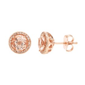 Round Cut Morganite and 0.13 CT. T.W. Diamond Stud Earrings in 14K Gold