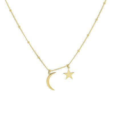 14K Gold Moon and Star Choker with Beads, 16