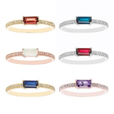 Baguette Cut Gemstone and 0.10 CT. T. W. Diamond Ring in 14K Gold:- Garnet, 7, Yellow Gold