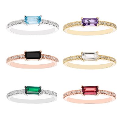 Baguette Cut Gemstone and 0.10 CT. T. W. Diamond Ring in 14K Gold:- Amethyst, 9, Yellow Gold