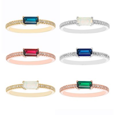 Baguette Cut Gemstone and 0.10 CT. T. W. Diamond Ring in 14K Gold:- Lab Created Emerald, 5, Rose Gold