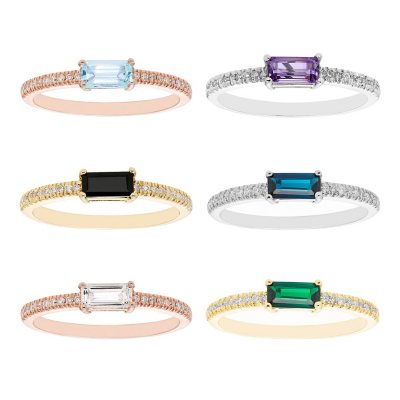 Baguette Cut Gemstone and 0.10 CT. T. W. Diamond Ring in 14K Gold:- London Blue Topaz, 8, White Gold