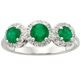 3 Stone Genuine Emerald and 0.19 CT. T.W. Diamond Ring in 14K Gold