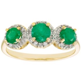 3 Stone Genuine Emerald and 0.19 CT. T.W. Diamond Ring in 14K Gold