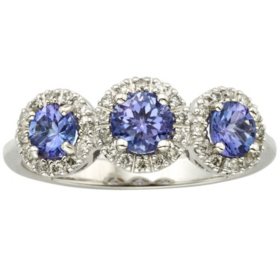 3 Stone Genuine Tanzanite and 0.19 CT. T.W. Diamond Ring in 14K Gold