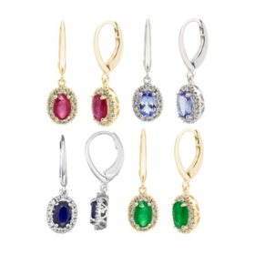 Oval Cut Genuine Gemstone and 0.16 CT. T.W. Diamond Dangle Earrings in 14K Gold