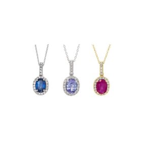 Oval Cut Gemstone & 0.11 CT. T.W. Diamond Halo Pendant Necklace in 14K Gold