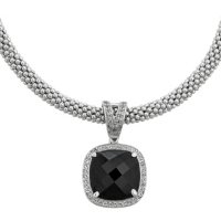 Cushion-Shaped Onyx and White Topaz Necklace in Italian Sterling Silver