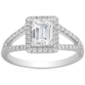 Superior Quality VS Collection 1.50 CT. T.W. Emerald Shaped Diamond Halo Ring in 18K White Gold (I, VS2)