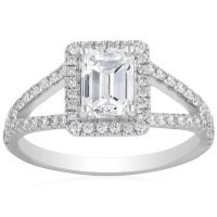 Superior Quality Collection 1.50 CT. T.W. Emerald Shaped Diamond Halo Ring in 18 Karat White Gold (I, VS2)