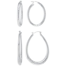 Sterling Silver Diamond Cut 29mm and 42mm Oval Hoop Set