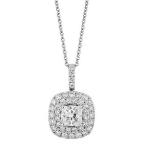 Superior Quality VS Collection 1.38 CT. T.W. Cushion Center Diamond Double Halo Pendant in 18K White Gold (I, VS2)