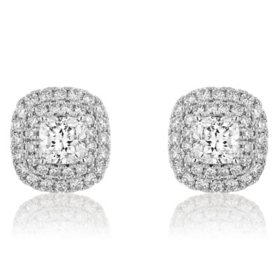 Superior Quality VS Collection 1.73 CT. T.W. Cushion Center Diamond Double Halo Stud Earrings in 18K White Gold (I, VS2)