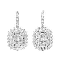 1.5 CT. T.W. Round and Baguette Diamond Halo Dangle Earrings in 14K White Gold