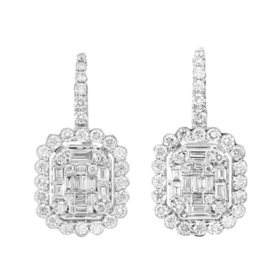 1.5 CT. T.W. Round and Baguette Diamond Halo Dangle Earrings in 14K White Gold