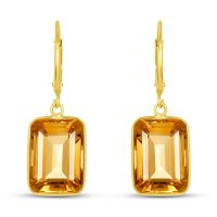 Citrine Emerald Shaped Dangle Earrings in 14 Karat Yellow Gold