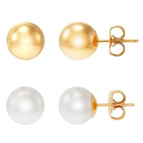 8-8.5MM Freshwater Cultured Pearl and 14K Yellow Gold Ball Stud Earrings Set