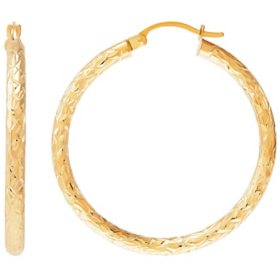 3x35MM Round Tube Hoop Crystal Cut Earrings in 14K Yellow Gold