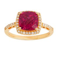Cushion Cut Created Ruby Ring with Diamonds in 14K Yellow Gold