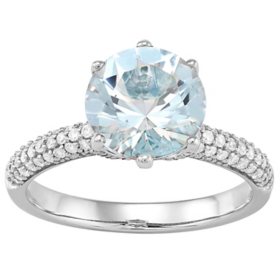 9.0MM Round Cut Aquamarine with Diamonds Ring in 14K White Gold