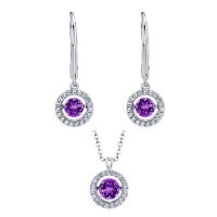 Sterling Silver Dancing Geniune Amethyst and Lab Created White Sapphire Pendant and Earring Set