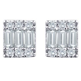 0.17 CT. T.W. Baguette and Round Diamond Earrings in 14K White Gold 