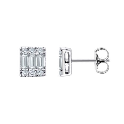 0.17 CT. T.W. Baguette and Round Diamond Earrings in 14K White