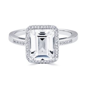 Emerald Cut Lab Created White Sapphire & 0.14 CT. T.W. Diamond Halo Ring in Sterling Silver