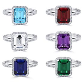 Emerald Cut Gemstone & 0.14 CT. T.W. Halo Diamond Ring in Sterling Silver