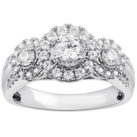 1.00 CT. T.W. Diamond Three Stone Halo Ring in 14K White Gold