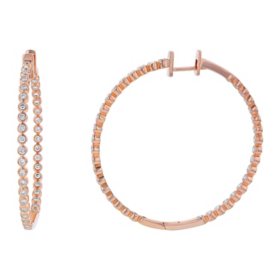 S Collection 1.50 CT. T.W. Bezel Set Round Diamond Milgrain Hoop Earrings in 14K Rose Gold
