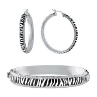 Sterling Silver Zebra Pattern Enamel Bangle and Earrings Set