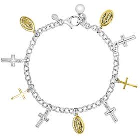 14K Gold and Sterling Silver Multi Religious Charm Bracelet, 7.5"