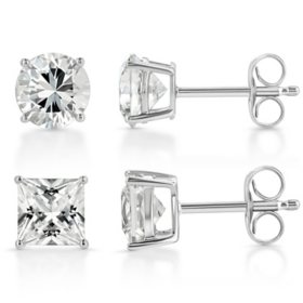 14K Gold Lab Created White Sapphire Boxed Earring Set in Two Shapes,  Princess and Round		
