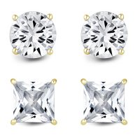 14K Gold Lab Created White Sapphire Boxed Earring Set in Two Shapes, Princess and Round