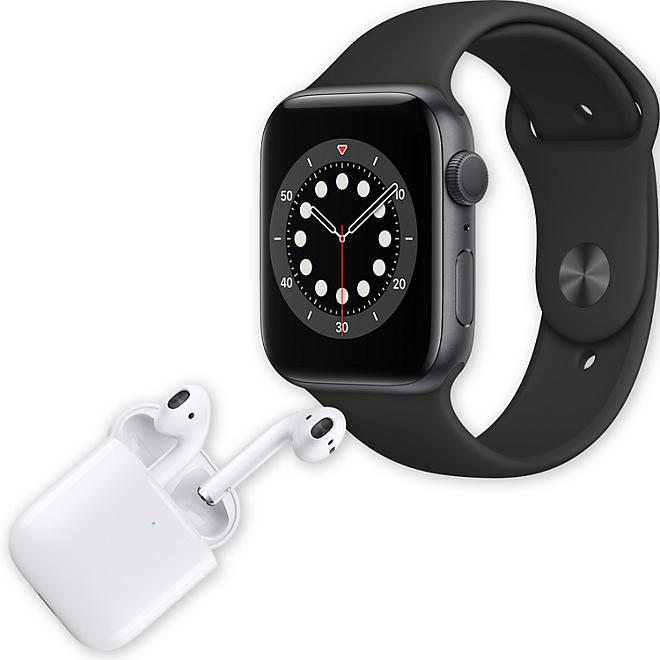 Apple Watch Series 6 44MM GPS (Space Gray Aluminum Case w/ Black Sport Band) + Apple AirPods w/ Wireless Charging Case (2nd Generation) Bundle