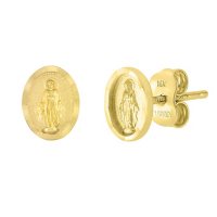 14K Yellow Gold Oval Virgin Mary Stud Earrings