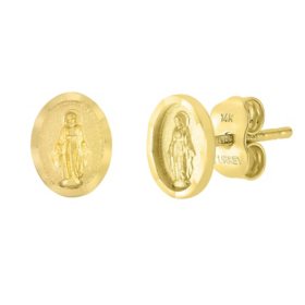 Petite Oval Virgin Mary Stud Earrings in 14K Yellow Gold