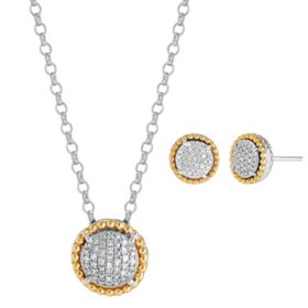 0.20 CT. T.W. Diamond Halo Pendant and Earring Set in Sterling Silver and 14K Yellow Gold
